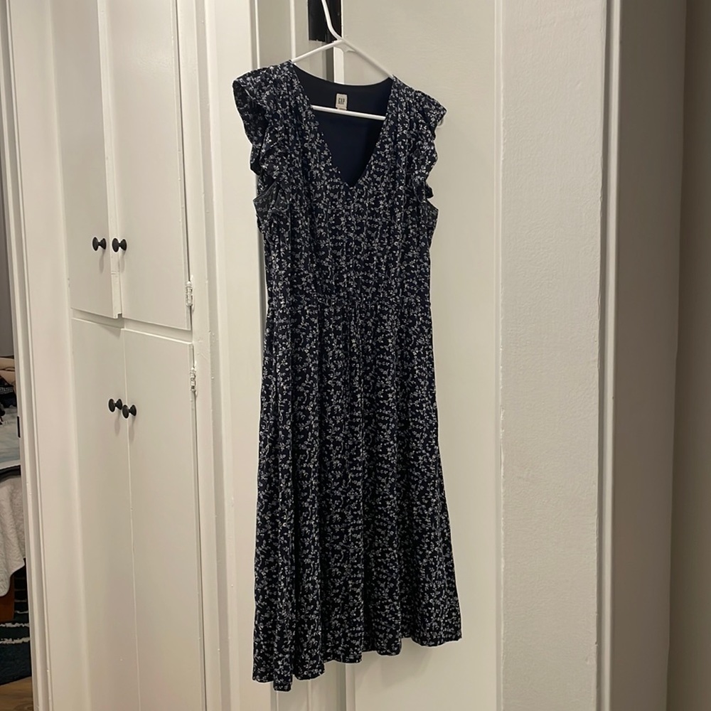 Navy Blue Floral Midi Dress with Drawstring Waist (Gap)